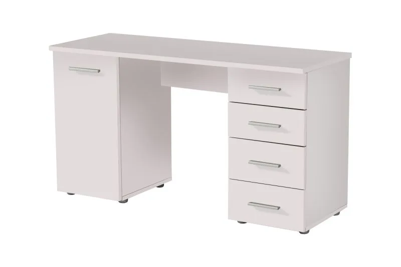 Schreibtisch Arande 02, viel Stauraum, Farbe: Weiß, ABS-Kanten, vier Schubladen, eine Tür, Griffe: Grau, zwei Fächer, Maße: 75,5 x 135 x 50 cm