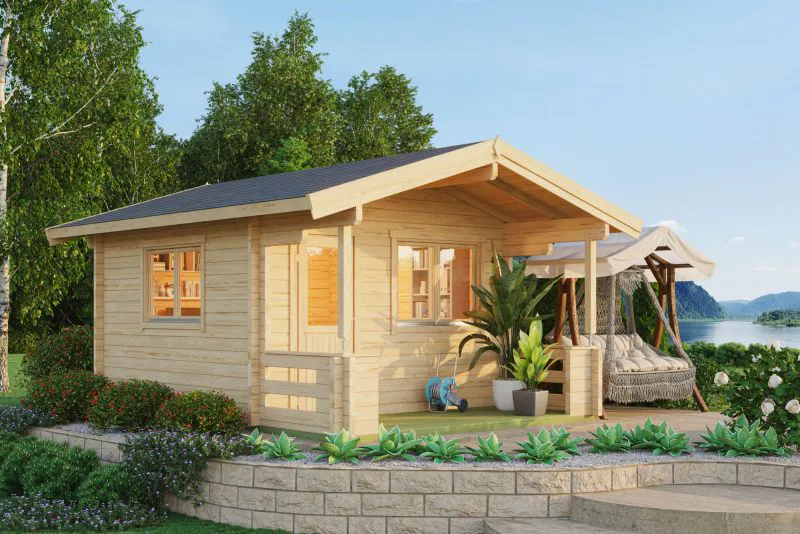 Ferienhaus F29 mit Vordach, Terrasse & Geländer | 11,97 m² | 70 mm Blockbohlen | Naturbelassen | Inkl. Fußboden & Isolierverglasung