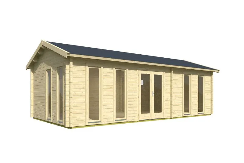 Gartenhaus aus nordischen Fichtenholz, inkl. Fußboden, Grundfläche: 32 m², 70 mm Blockbohlenhaus, Fenster und Tür aus Isolierglas, Satteldach, Außenmaße: 400 x 800 cm