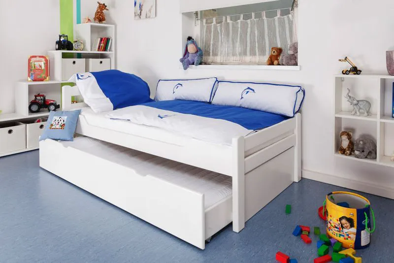 Ausziehbett / Kinderbett 90 x 200 cm | Massivholz: Buche | Weiß Lackiert | inkl. 2. Liegeplatz 90 x 190 cm ausziehbar und 2 Rollrost Abbildung