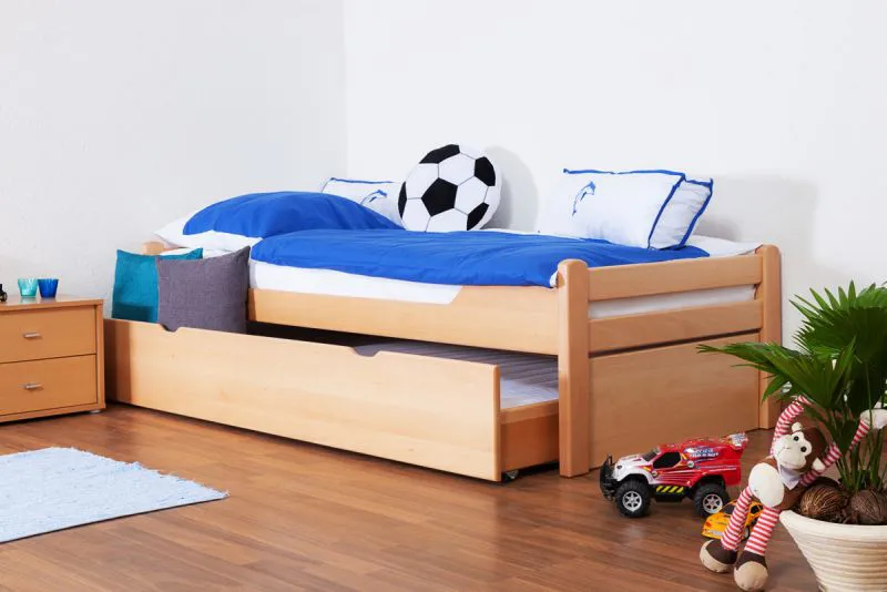 Bettrahmen für Kinder 90 x 200 cm mit Ausziehbett 90 x 190 cm als Gästebett-Funktion | Massivholz: Buche | Natur Lackiert | inkl. 2. Liegeplatz 90 x 190 cm ausziehbar und 2 Rollrost Abbildung
