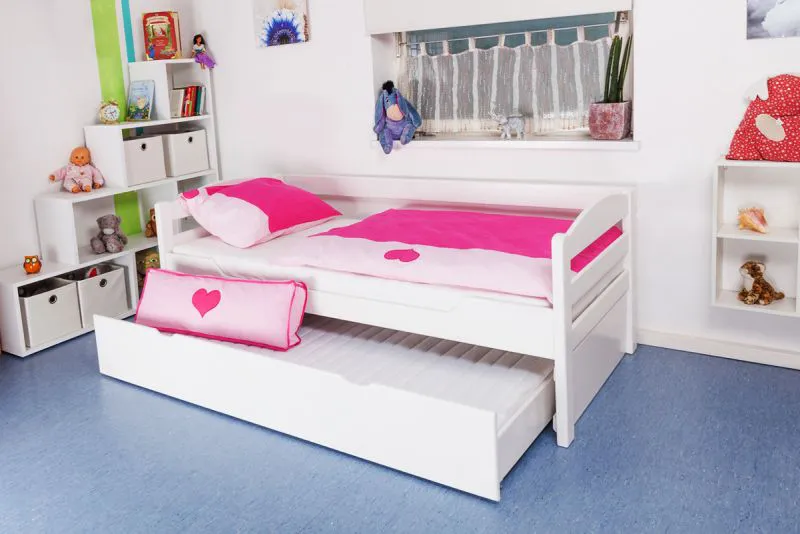 Kinderbett 90 x 200 cm mit Ausziehbett 90 x 190 cm | Massivholz: Buche | Weiß Lackiert | inkl. 2. Liegeplatz 90 x 190 cm ausziehbar und 2 Rollrost Abbildung