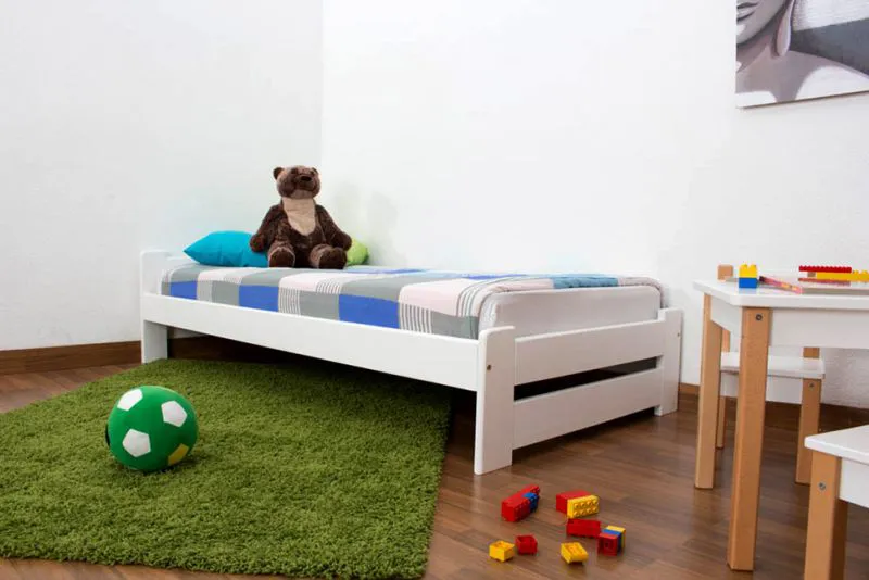 Bettrahmen für Kinder / Kinderbett 90 x 200 cm | Massivholz: Kiefer | Weiß Lackiert | inkl. Rollrost Abbildung