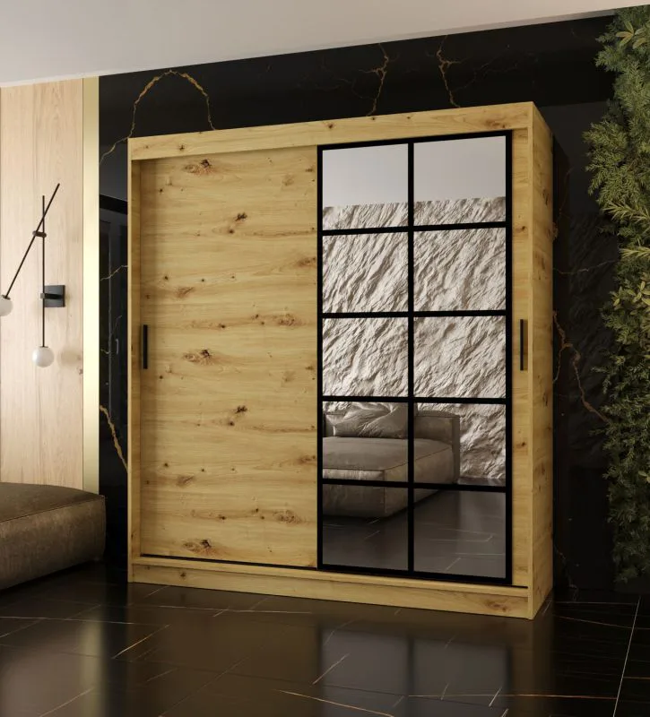 Kleiderschrank / Schiebetürenschrank | Farbe: Eiche Artisan | 10 Fächer | 2 Kleiderstangen | hochwertig Verarbeitet | 180 x 62 x 200 cm | dekorative Spiegeltür