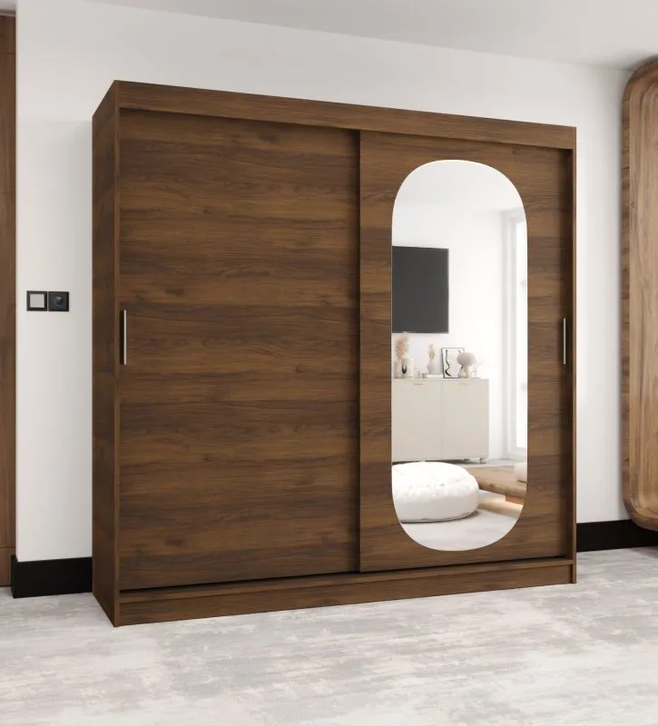 Kleiderschrank / Schiebetürenschrank | Farbe: Walnuss | Tür mit ovalen Spiegel | 2 Meter breit | 10 Fächer | zwei Kleiderstangen