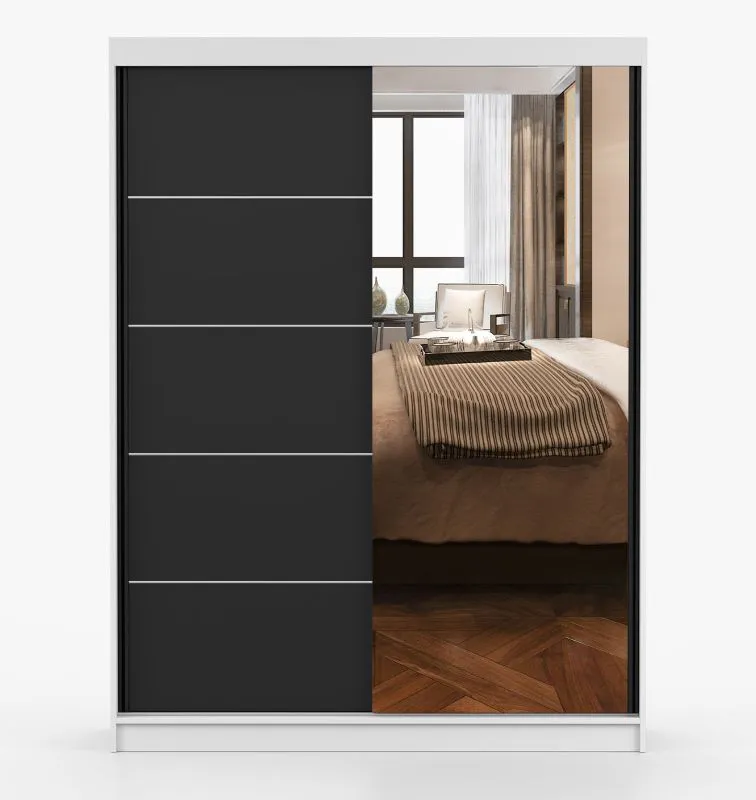 Schiebetürenschrank / Kleiderschrank | Spiegel | Schwarz / Weiß | Bucegi 30 | 200 x 150 x 61 cm | 2 Türen | Kleiderstange | 6 Fächer | eckig