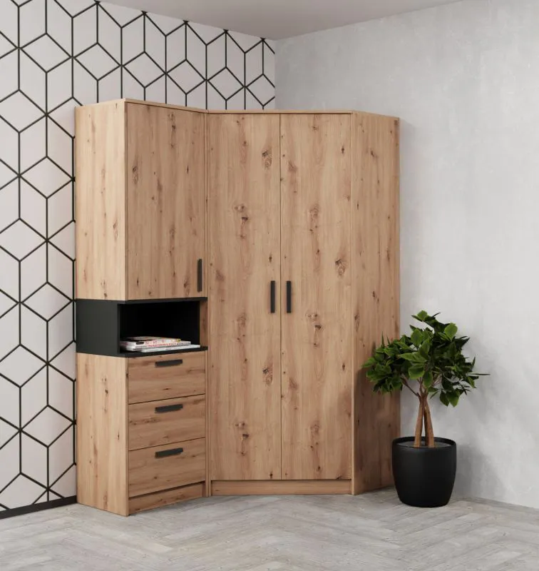 Eckkleiderschrank - Set E Fafe | 2-teilig | Farbe: Eiche Artisan / Schwarz | genügend Stauraum | Soft-Close-Funktion | Eckkleiderschrank | 1 offenes Fach