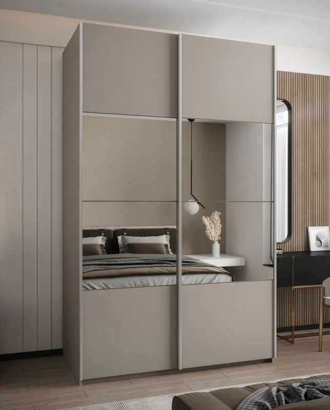Kleiderschrank / Schiebetürenschrank | 11 Fächer | 245,5 x 160 x 64 cm | Spiegel | 2 Schiebetüren | 2 Kleiderstangen | Soft-Close | Farbe: Kaschmir