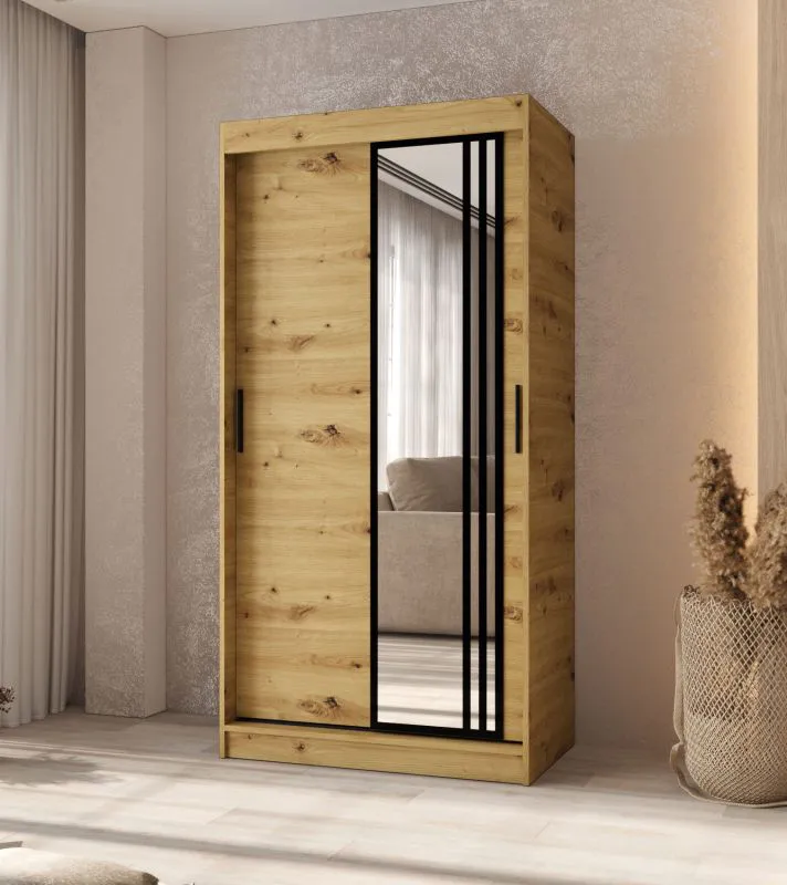 Kleiderschrank | Farbe: Eiche Artisan | 2 Kleiderstangen | 5 Fächer | Schiebetürenschrank | Zuverlässiges Gleitsysteme | 100 x 62 x 200 cm | dekorative Spiegeltür