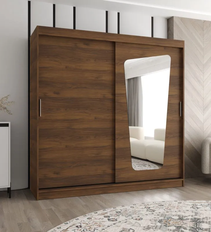 Schiebetürenschrank / Kleiderschrank | Farbe: Walnuss | 10 Fächer | eine Spiegeltür | 2 Meter breit | zwei Kleiderstangen | Aluminiumschienen