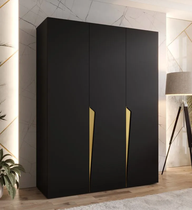 Drehtürenschrank / Kleiderschrank | Farbe: Schwarz | 3-Türig | Griffe: Gold | 2 Fächer | 2 Kleiderstangen | Maße: 150 x 52 x 202 cm | Soft-Close-Funktion