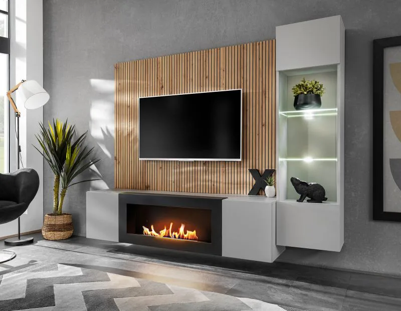 Wohnwand | Bio-Ethanol Kamin | Farbe: Perla Grau / Eiche Artisan | Push-to-open Funktion | Maße: 200 x 35 x 158 cm | inkl. LED-Beleuchtung