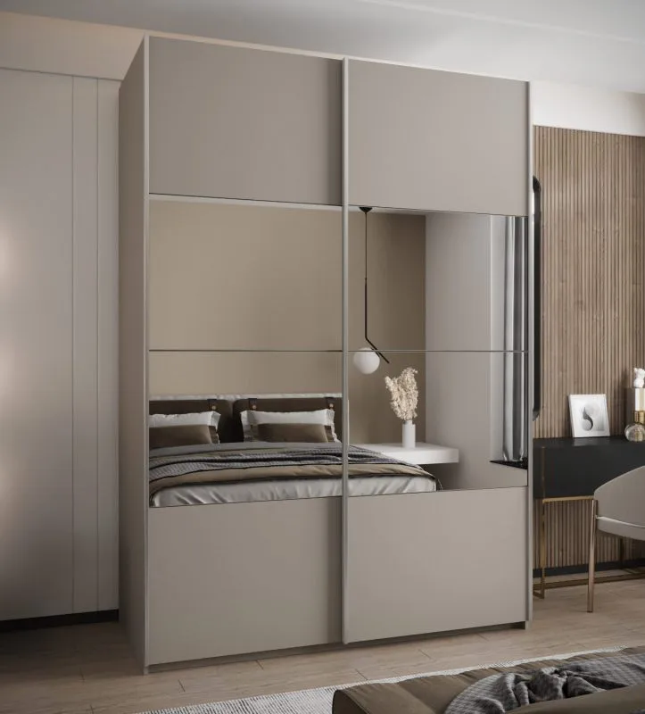 Kleiderschrank / Schiebetürenschrank | Farbe: Kaschmir | 245,5 x 180 x 64 cm | Spiegel | Soft-Close | 2 Schiebetüren | 2 Kleiderstangen | 11 Fächer