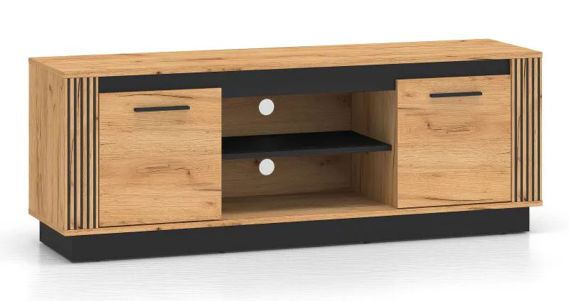 TV-Möbel / TV-Unterschrank mit zwei Kabellöcher Dagali 08, Farbe: Eiche / Schwarz, zwei Türen, vier Fächer, Soft-Close Funktion, ABS-Kantenschutz