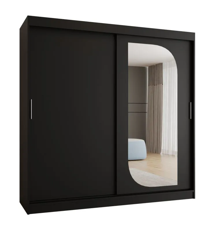 Schiebetürenschrank / Kleiderschrank Signalkuppe 19, Farbe: Schwarz, 2 Meter breit, zwei Kleiderstangen, 10 Fächer, eine Spiegeltür
