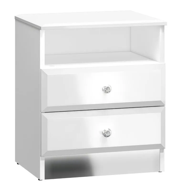 Nachtkommode Sydfalster 04, Farbe: Weiß / Weiß Hochglanz - Abmessungen: 53 x 45 x 34 cm (H x B x T), mit 2 Schubladen und 1 Fach