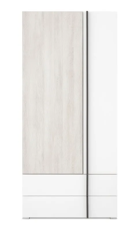 Moderner Kleiderschrank mit zwei Schubladen Schilde 02, Farbe: Eiche Weiß / Weiß / Anthrazit - Abmessungen: 195 x 90 x 53 cm (H x B x T)