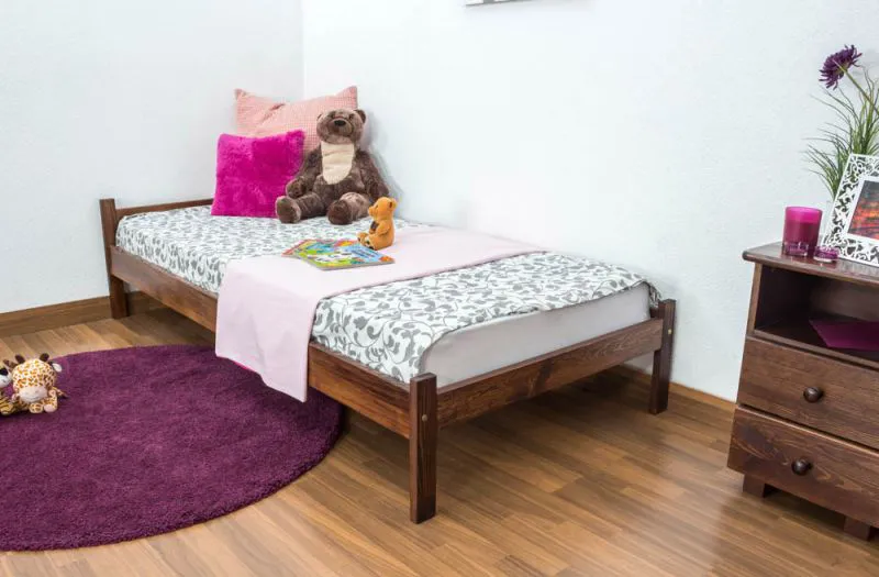 Kinderbett 90 x 200 cm | Massivholz: Kiefer | Nuss Lackiert | inkl. Rollrost Abbildung