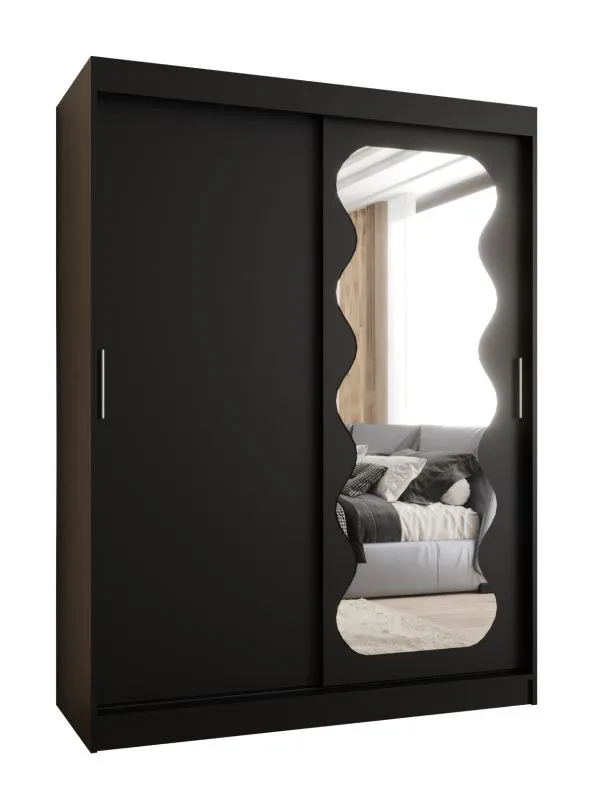 Schiebetürenschrank / Kleiderschrank Bernina 11, Farbe: Schwarz, 1,5 Meter breit, eine Tür mit Spiegel, fünf Fächer, zwei Kleiderstangen, Aluminiumschienen