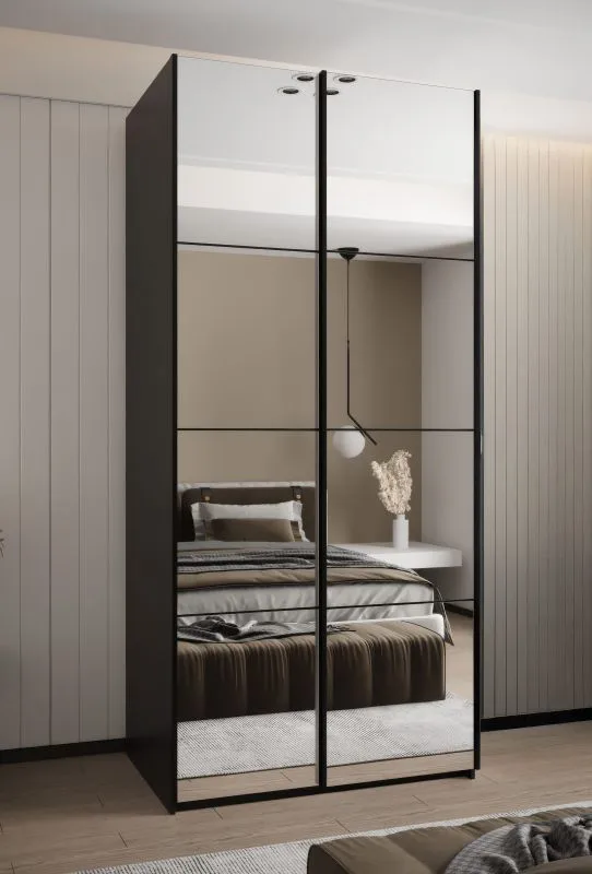 Kleiderschrank / Schiebetürenschrank | 245,5 x 120 x 64 cm | 2 Kleiderstangen | 2 Schiebetüren | 6 Fächer | 6 Einlegeböden | Farbe: Schwarz | Soft-Close