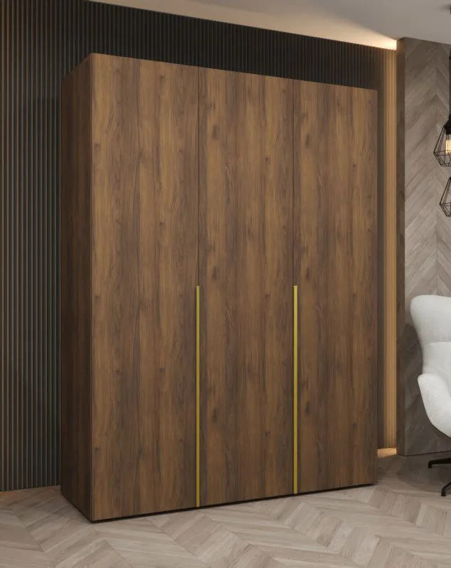 Kleiderschrank mit zwei Kleiderstangen | Farbe: Walnuss | 1,5 Meter breit | zwei Fächer | drei Türen | Soft-Close-Funktion | Griffe: Gold | für Schlafzimmer
