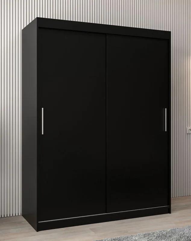 150 cm breiter Schiebetürenschrank mit 2 Türen | 5 Fächer | 2 Kleiderstangen | Farbe: Schwarz Abbildung