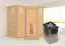 Sauna "Tjara 1" SET mit Energiespartür und Kranz - Farbe: Natur, Ofen 9kW - 221 x 198 x 212 cm (B x T x H)