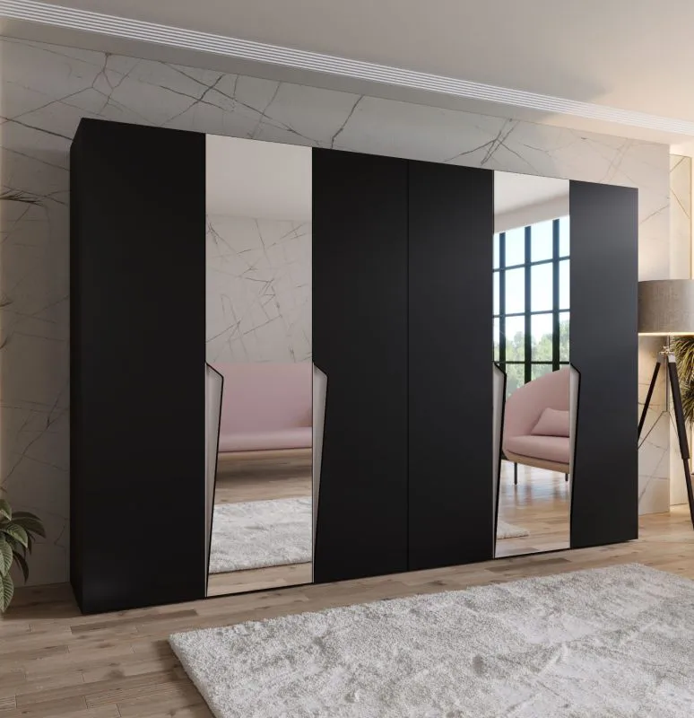 Kleiderschrank / Drehtürenschrank | Farbe: Schwarz | 2 Spiegeltüren | 4 Fächer | 4 Kleiderstangen | Soft-Close | Griffe: Kaschmir | Maße: 300 x 52 x 202 cm | ABS