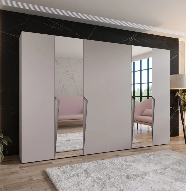 Kleiderschrank / Drehtürenschrank | Farbe: Kaschmir | 2 Spiegeltüren | 4 Fächer | 4 Kleiderstangen | Soft-Close | Griffe: Kaschmir | Maße: 300 x 52 x 202 cm | ABS