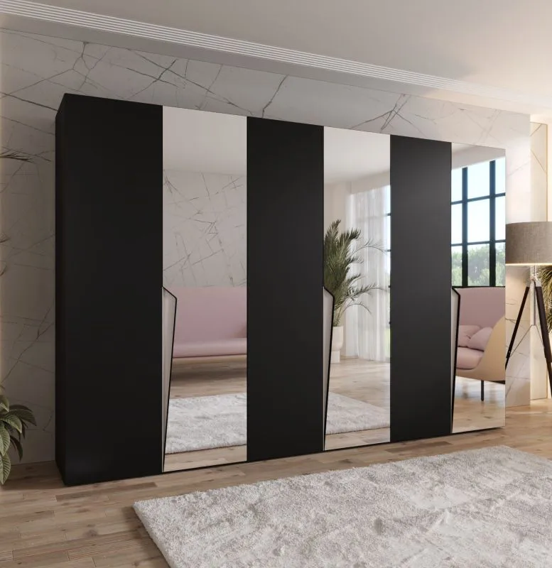 Drehtürenschrank | 3 Spiegeltüren | Farbe: Schwarz | Soft-Close | 3 Fächer | 3 Kleiderstangen | Griffe: Schwarz | Maße: 300 x 52 x 202 cm | Kleiderschrank