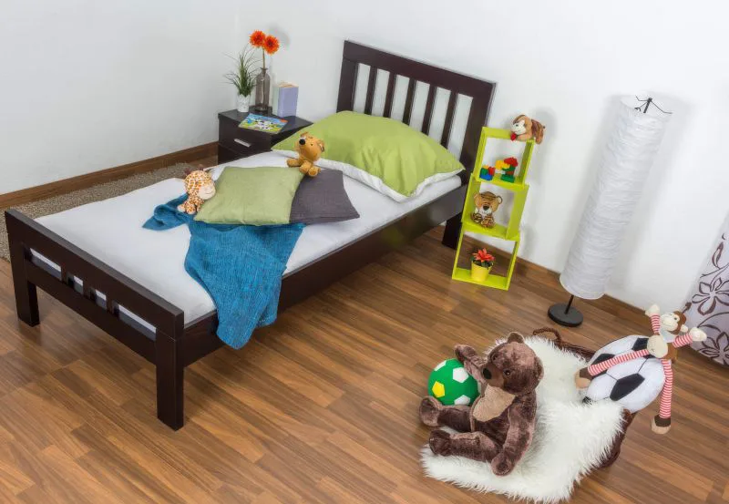 Kinderbett / Jugendbett "Easy Premium Line" K8, Buche Vollholz massiv schokobraun lackiert - Liegefläche: 90 x 190 cm