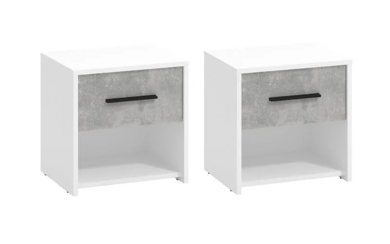 2er Set Nachtkommoden Brus 13, Farbe: Weiß / Beton, eine Schublade, gut kombinierbar, ABS-Kanten, ein Fach, Maße: 42 x 42 x 33 cm, für Schlafzimmer