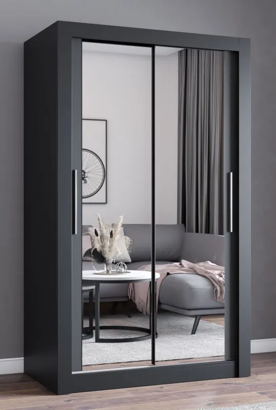 1,2 Meter breiter Schiebetürenschrank / Kleiderschrank mit Spiegel Schwarz | Biokovo 08 | 215 x 120 x 64 cm | 2 Türen | 7 Fächer | Einfarbig