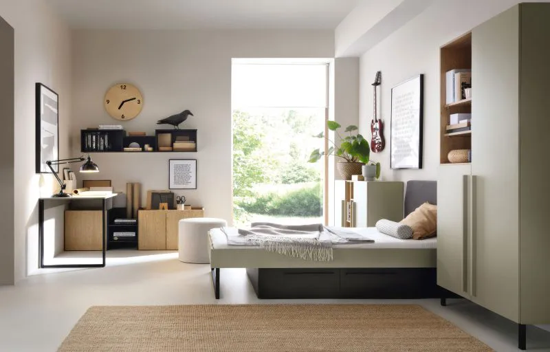 Schlafzimmer Komplett - Set C Authie, 5-teilig, Mintgrün / Eiche dunkel / Schwarz, angenehmes Design, harmonische Farben, einfache und rasche Montage