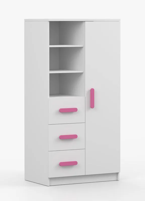 80 cm breites Bücherregal | Weiß | Smolikas 42 | 159 x 80 x 40 cm | 3 Schubladen | rosa Holzgriffe | 7 Fächer | Kinder | Jugend