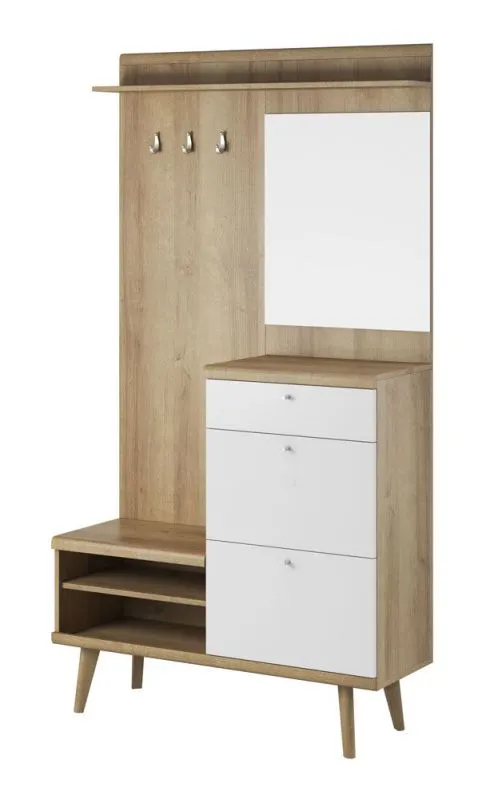 Garderobe Ladybarn 01 im modernen Stil, Farbe: Eiche Riviera / Weiß - Abmessungen: 200 x 110 x 34 cm (H x B x T), mit drei Haken und drei Schubladen
