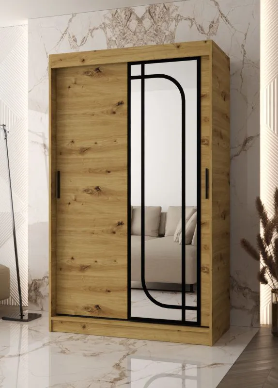 Kleiderschrank | 1 Spiegeltür | Farbe: Eiche Artisan | 120 x 62 x 200 cm | 2 Kleiderstangen | zuverlässiges Gleitsysteme | 5 Fächer | Moderne Details