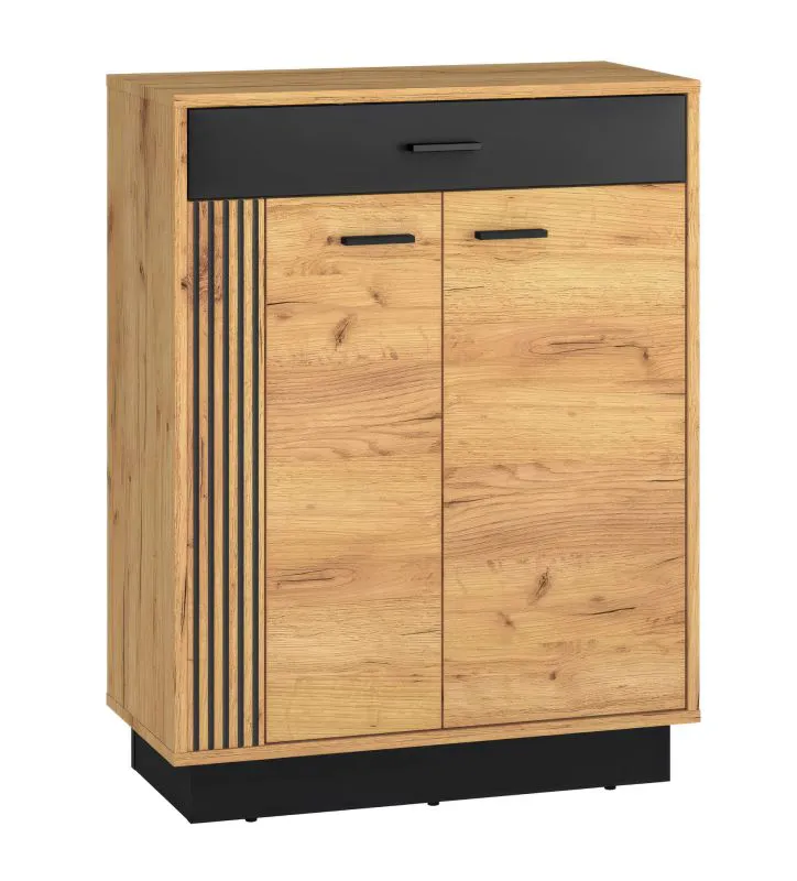Schuhschrank Lautela 05, Farbe: Eiche / Schwarz - Abmessungen: 91 x 70 x 34 cm (H x B x T), mit 1 Schublade, 2 Türen und 4 Fächern