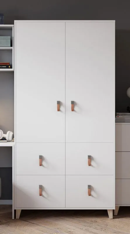2 Meter hoher Drehtürenschrank / Kleiderschrank | Weiß | Taygetos 03 | 201 x 105 x 55 cm | 2 Türen | 4 Schubladen | 6 Fächer | Einfarbig | Ledergriffe