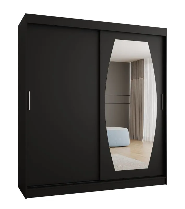 Schiebetürenschrank / Kleiderschrank Musala 15, Farbe: Schwarz, zwei Kleiderstangen, 1,8 Meter breit, Aluminiumschienen, eine Spiegeltür, 10 Fächer