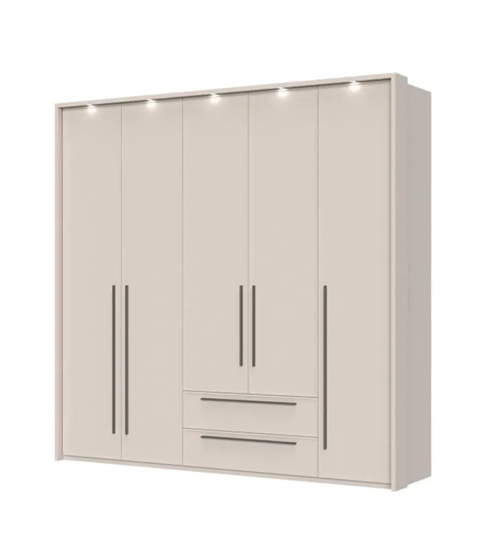 Drehtürenschrank mit fünf Türen Neiafu 73, LED-Rahmen, zwei Schubladen, verstellbare Füße, Maße: 226 x 232 x 60 cm, Soft-Close-Funktion, drei Kleiderstangen