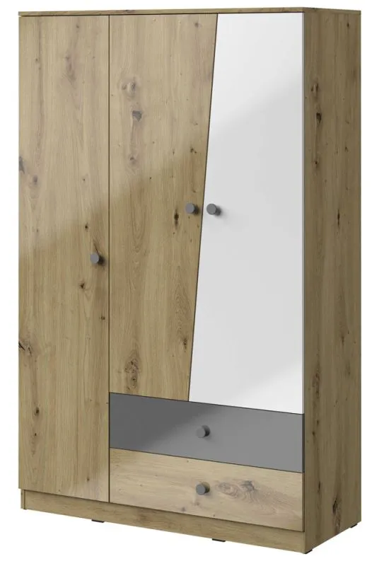 Drehtürenschrank / Kleiderschrank Sirte 03, Farbe: Eiche / Weiß / Grau Hochglanz - Abmessungen: 190 x 120 x 50 cm (H x B x T)