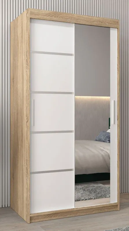 1 Meter breiter Kleiderschrank mit 2 Türen | Farbe: Sonoma Eiche / Weiß Abbildung