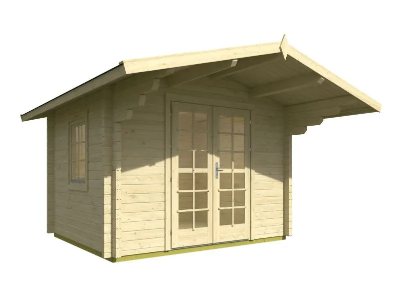 Gartenhaus mit Satteldach, inkl. Fußboden, 70 mm Blockbohlenhaus, aus nordischen Fichtenholz, Grundfläche: 8,48 m², Fenster und Doppeltür aus Isolierglas, Außenmaße: 320 x 265 cm