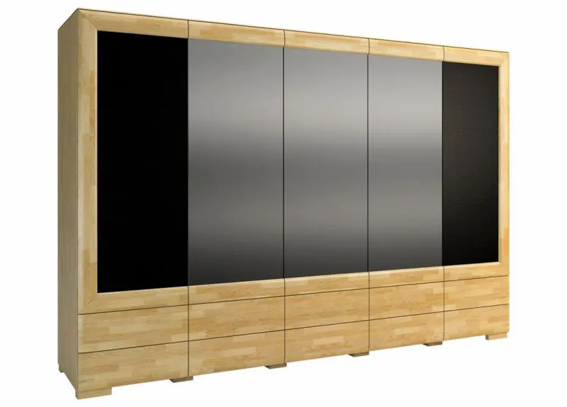 Kleiderschrank | 5 Drehtüren | 10 Schubladen | 16 Fächer | mit Kleiderstange | 303 cm breit | Eiche teilmassiv | Farbe: Eiche / Schwarz Abbildung