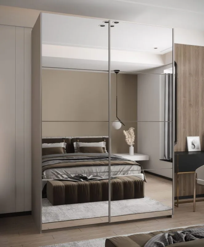 Kleiderschrank / Schiebetürenschrank | 245,5 x 180 x 64 cm | Farbe: Kaschmir | Soft-Close | 11 Fächer | 2 Kleiderstangen | 2 Schiebetüren | Spiegel