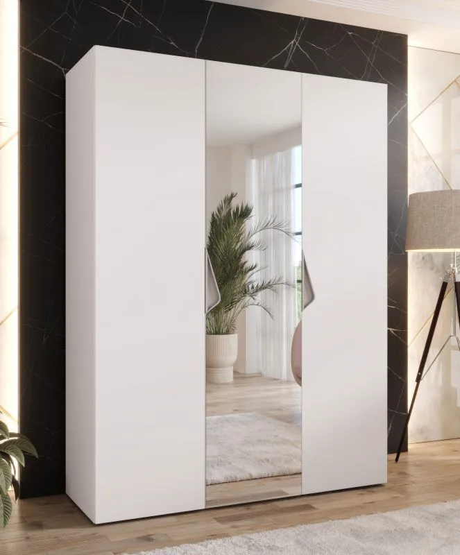 Drehtürenschrank / Kleiderschrank | 1 Spiegeltür | Farbe: Weiß | 2 Fächer | Griffe: Kaschmir | 2 Kleiderstangen | Soft-Close | Maße: 150 x 52 x 202 cm