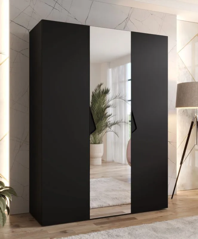 Drehtürenschrank / Kleiderschrank | 1 Spiegeltür | Farbe: Schwarz | 2 Fächer | Griffe: Schwarz | 2 Kleiderstangen | Soft-Close | Maße: 150 x 52 x 202 cm