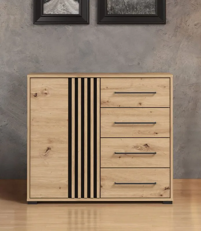 Kommode mit vier Schubladen Indika 18, Farbe: Eiche Artisan / Schwarz, eine Tür, zwei Fächer, ABS-Kanten, Maße: 82 x 93 x 40 cm, für Wohnzimmer