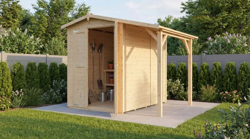 Gartenhaus mit Schleppdach | Gerätehaus | Naturbelassen | Elementbauweise | 2,30 x 2,03 Meter | Satteldach | Weilar 01 | Gerahmte Massivholztür mit Fenster